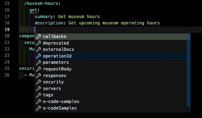 Autocomplete options on a new line with a list of options and operationId being hovered.