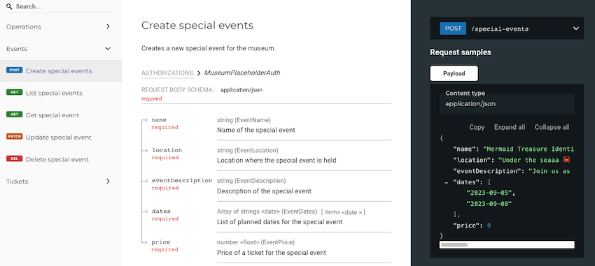 The API reference docs preview for the Museum OpenAPI running on localhost.